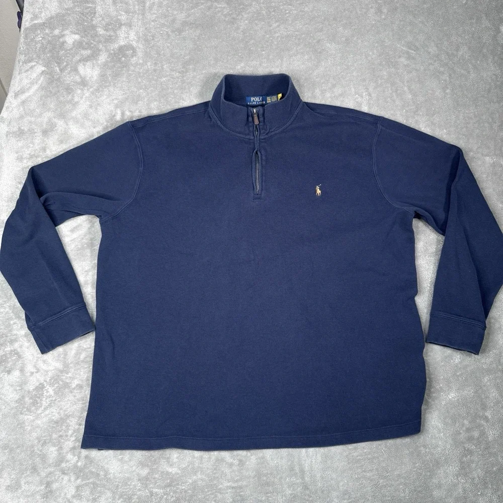 Polo Ralph Lauren Sweater Mens 2XLT XXL Estate Rib Navy Blue 1/4 Zip Pull Over
